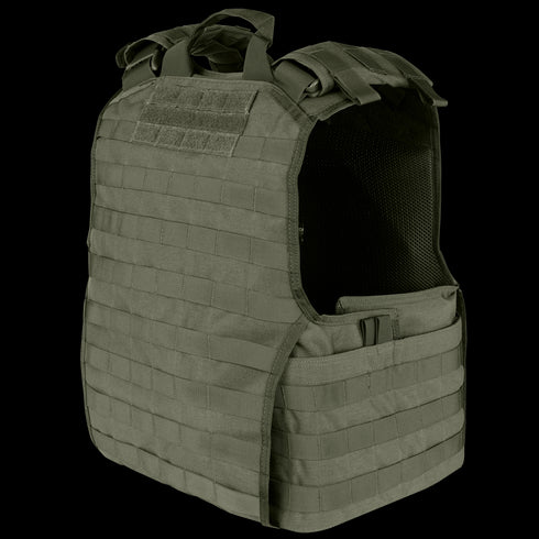 The Condor EXO Plate Carrier Gen II is an olive-green tactical vest featuring multiple horizontal webbing straps and shoulder handles, designed for attaching gear and providing protection—ideal for law enforcement or first responders.